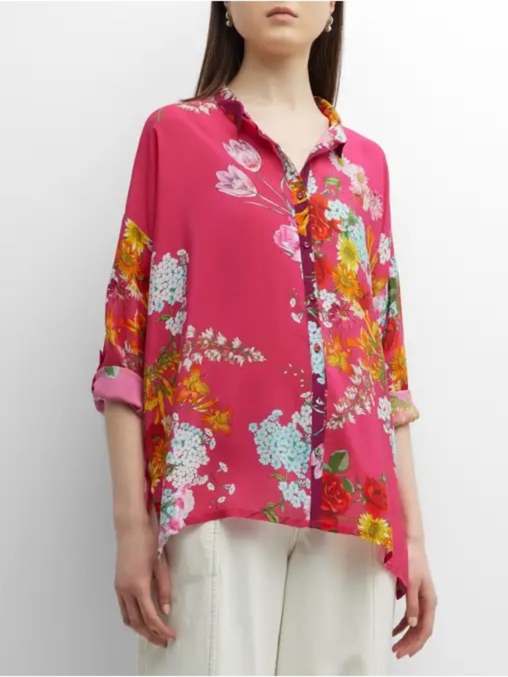 Johnny Was Seline golden Bouquet pink 100% silk button up XL